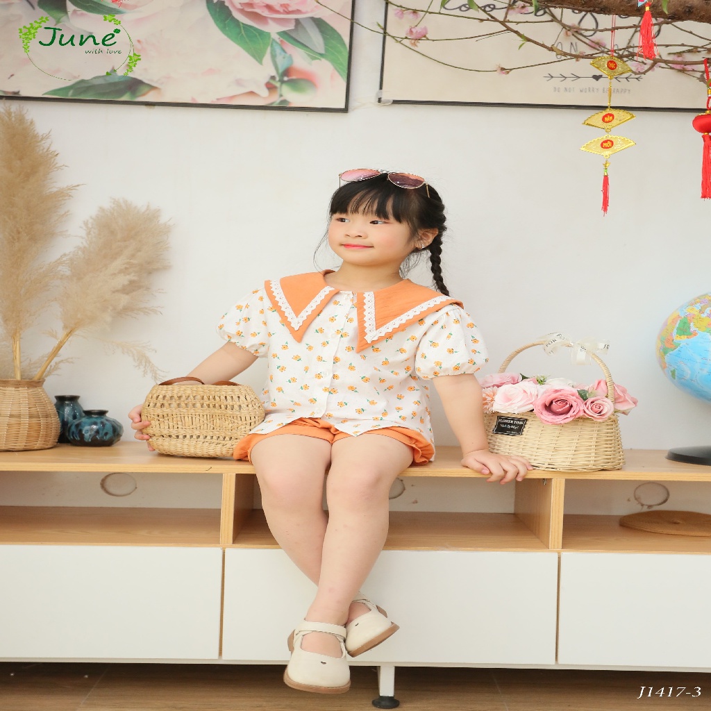 Set Bé Gái Cổ Hải Quân Cách Điệu Phối Ren Quần Linen Mềm Mại Cực Xinh Shushibaby