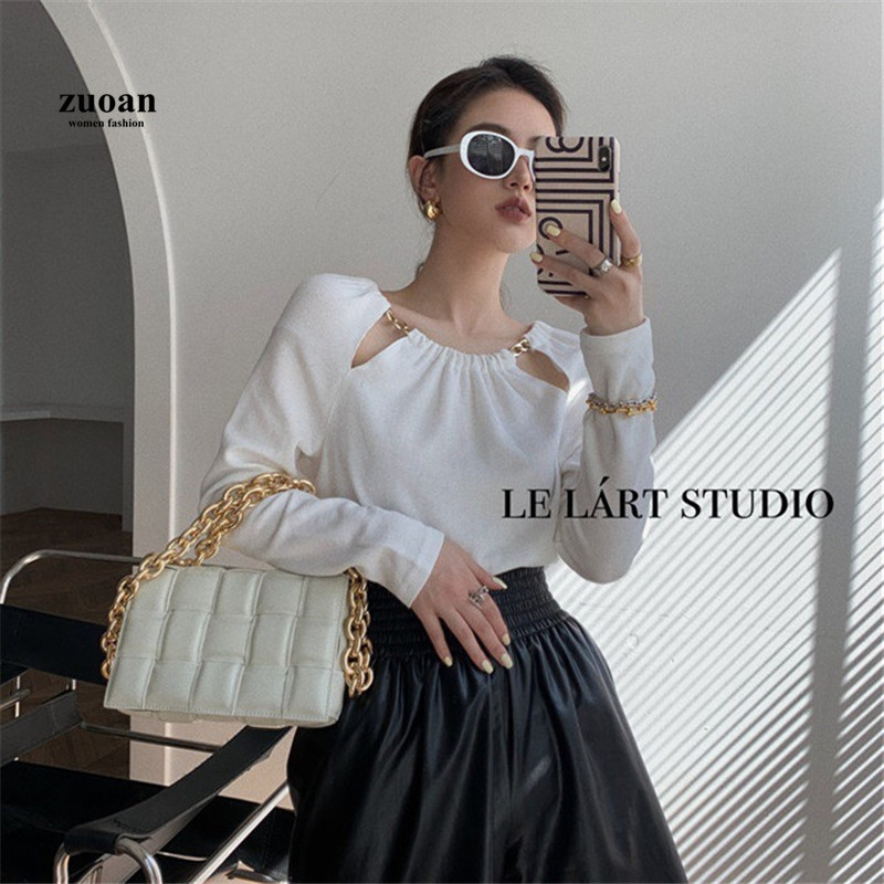 SUXI Áo Thun Dệt Kim Tay Dài Cổ Tròn Phong Cách Hàn Quốc