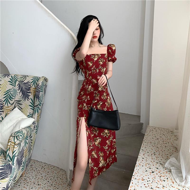 High Quality Floral Print Dress Sweet Square Neck Puff Sleeve Side Spilt Drawstring Maxi Dresses for Women Party Chic Casual Outfits