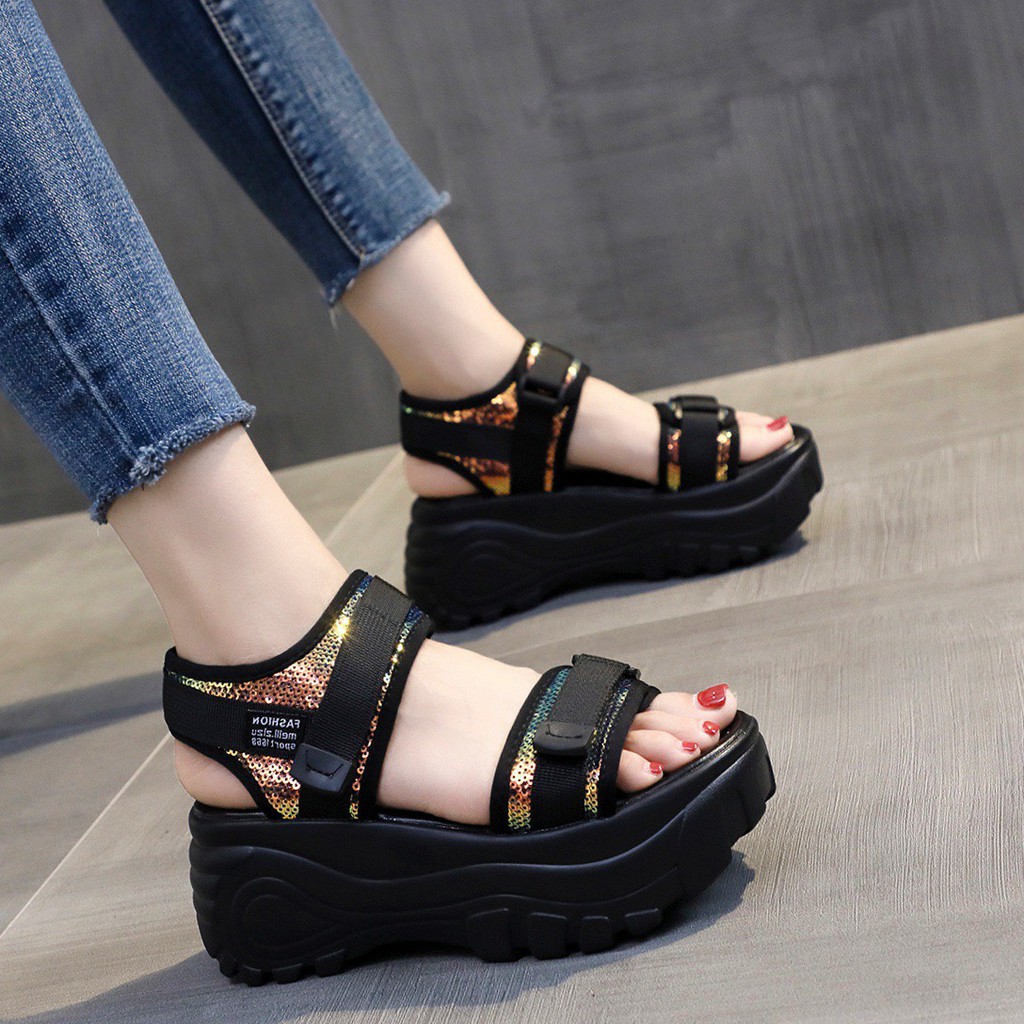 Giày sandal nữ ulzzang độn đế 2 quai ngang sd Bóng