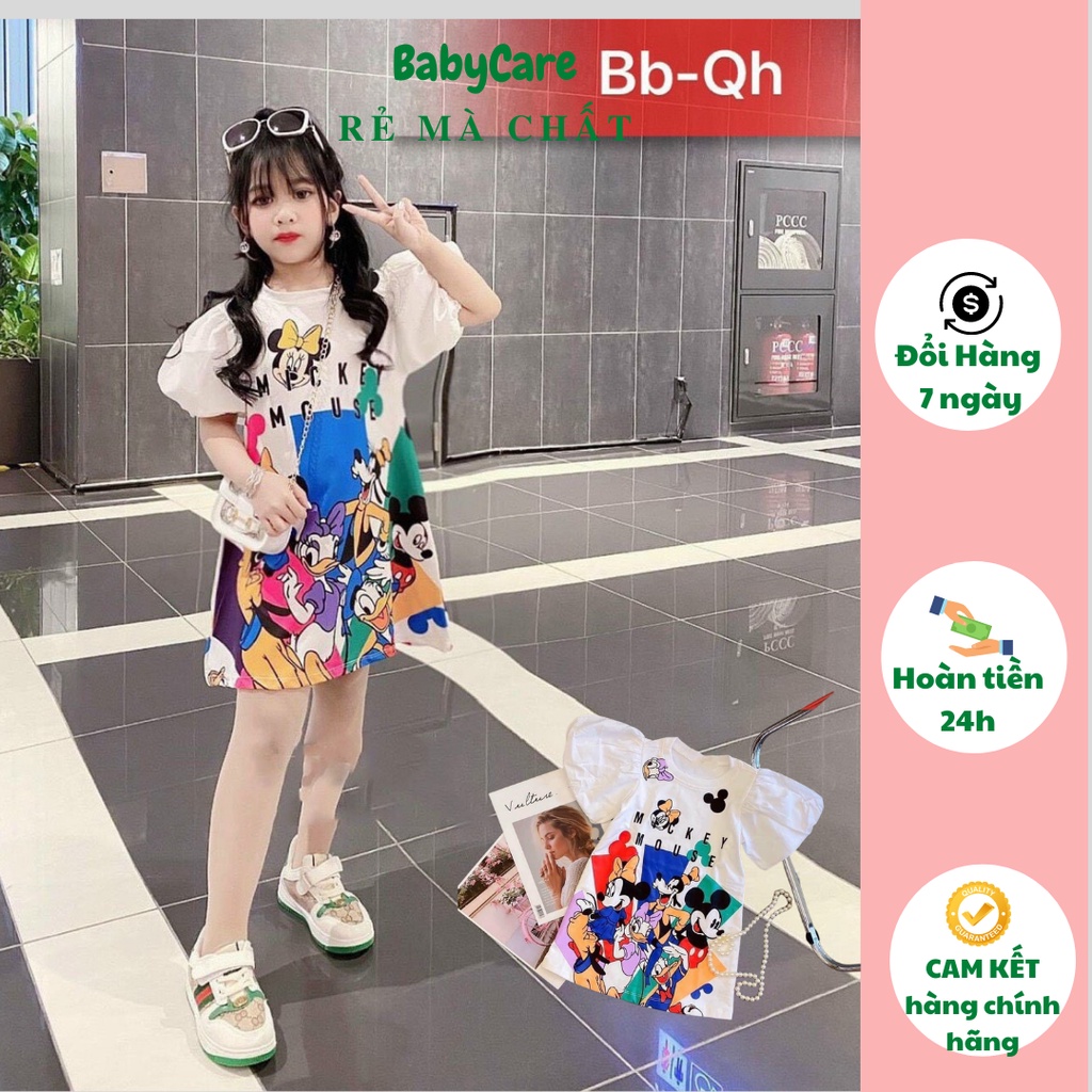 Váy bé gái/ váy tay bồng họa tiết micky ngộ nghĩnh chất lụa hàn size từ 8-40kg