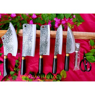 Dao bếp, bộ 5 dao nhà bếp làm từ Thép Nhíp dập vân chống dính 2 mặt chuyên chặt xương thái rau củ quả cán gỗ chắc chắn