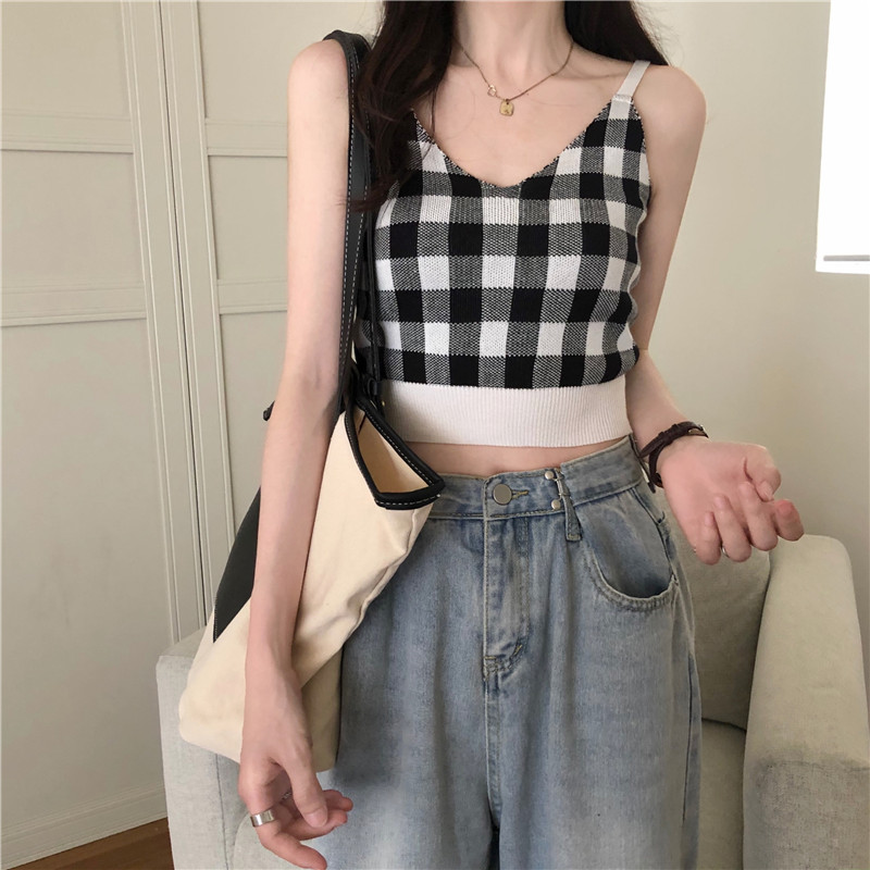 Áo lửng hai dây cổ tim họa tiết ca rô gợi cảm cho nữ