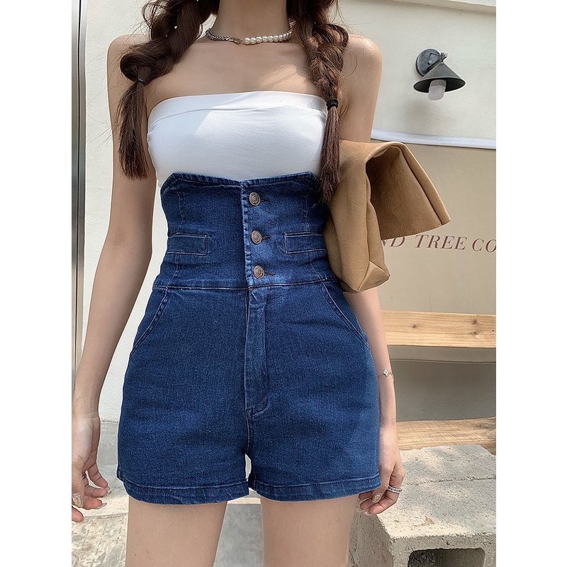 Net red ins super high waist bud denim shorts women's summer design feeling slim a-word bag hip wide leg hot pants