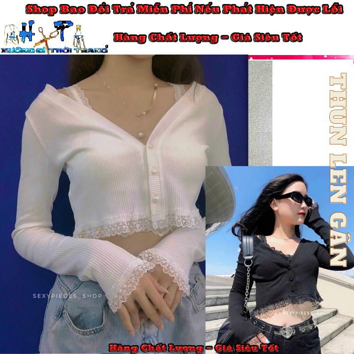 Áo croptop kiểu nữ tay dài thun len gân phối ren mẫu mới thời trang 2020