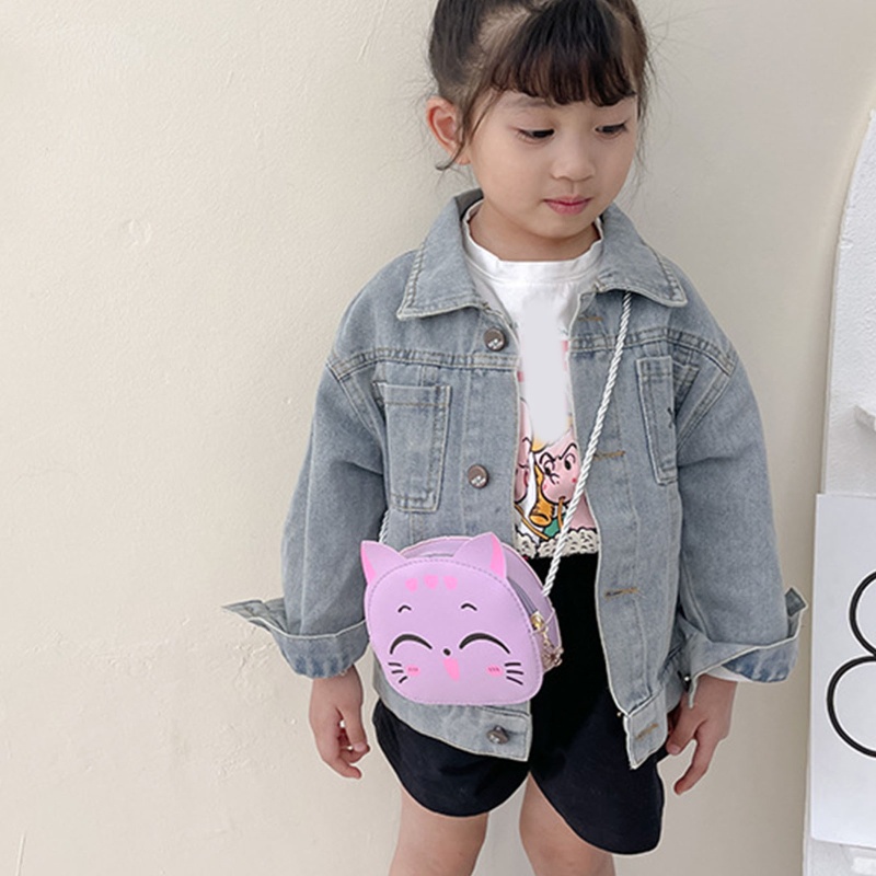 Túi Da PU Đeo Chéo In Hình Mèo Hoạt Hình Có Khóa Kéo Cho Bé