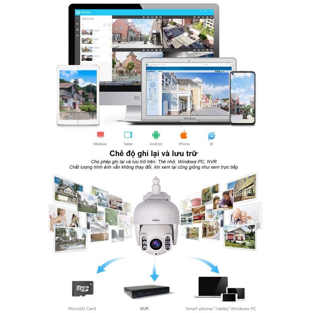 Camera IP WIFI Srihome SH028 3MP xoay 360 độ zoom quang học 5X chống nước chống bụi