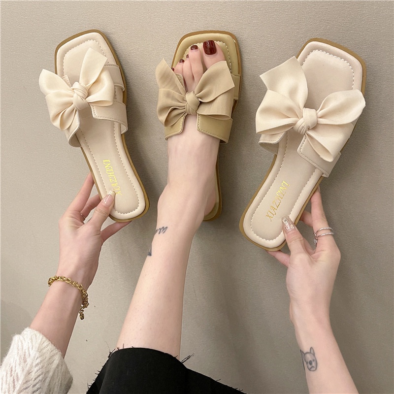 Dép lê đi biển XIELUAIZTA 01125 mũi vuông thắt nơ phong cách Hàn Quốc thời trang dành cho nữ