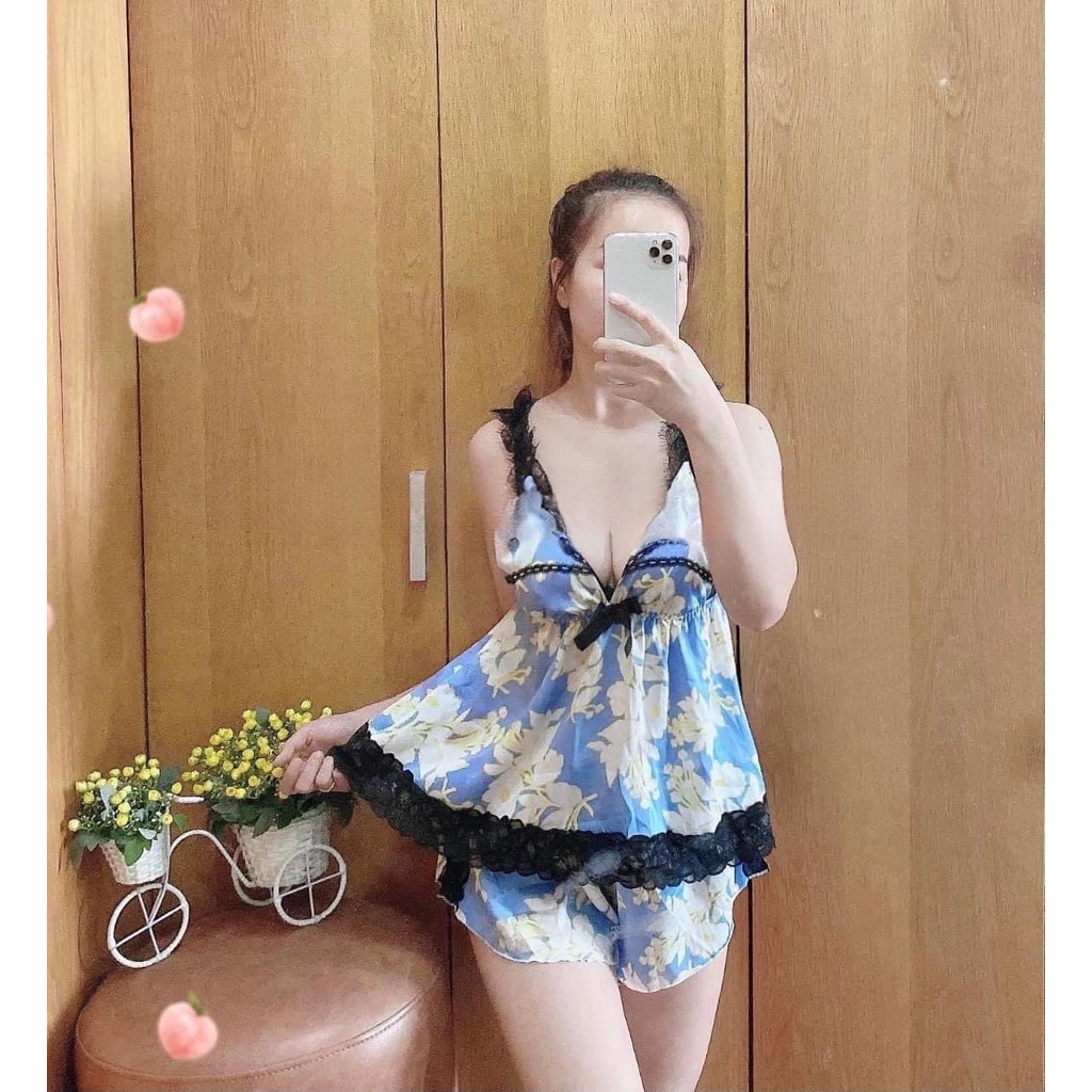 Đồ ngủ nữ, bộ ngủ 2 dây, đồ bộ pijama sexy lụa satin phối voan mềm mịn thiết kế freesize từ 40-65kg
