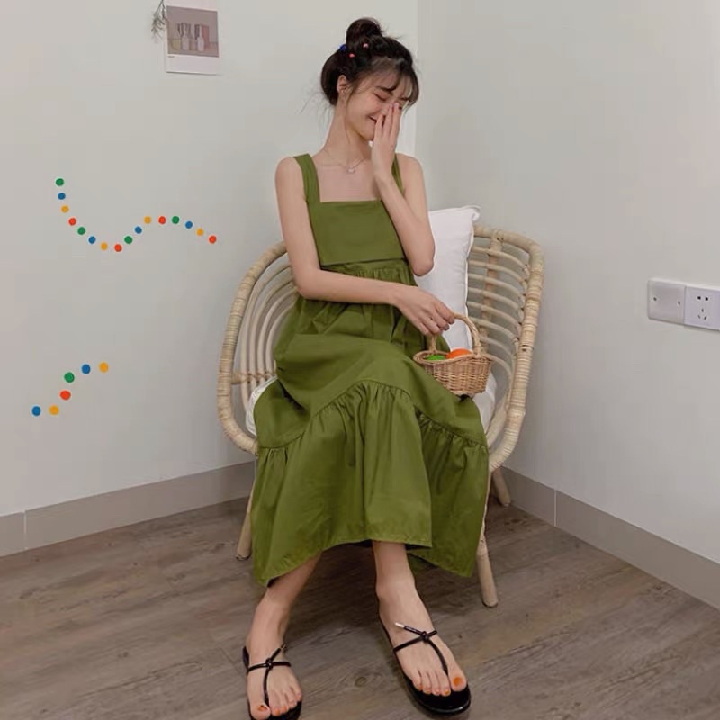 Váy maxi 2 dây bản to nơ lưng siêu lớn đi chơi đi biển