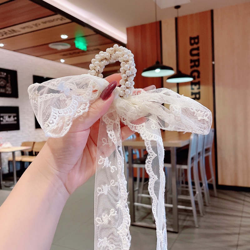 Băng Đô Cài Tóc Phối Ren Và Ngọc Trai Dễ Thương Phong Cách Hàn Quốc