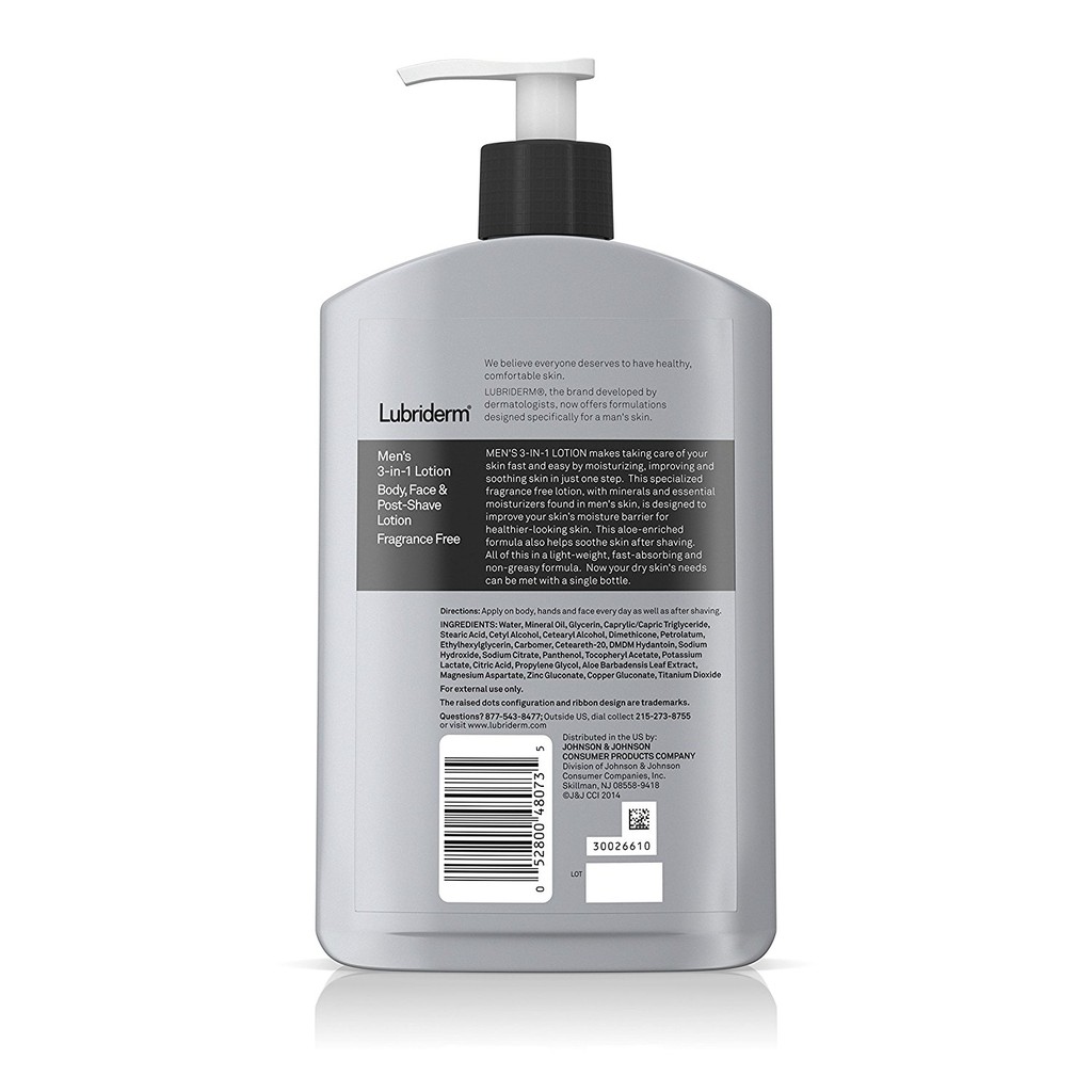 Dưỡng thể không mùi cho nam giới Lubriderm Men's 3-In-1 Fragrance-Free Lotion 473ml (Mỹ)