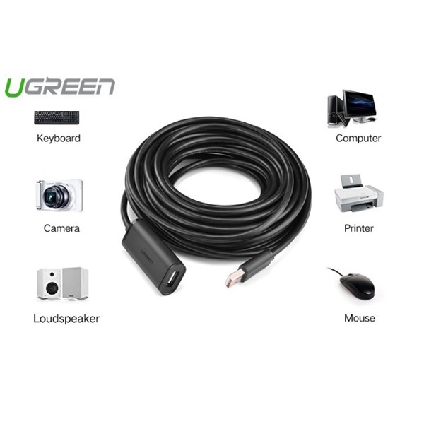 Cáp nối dài usb 10m chuẩn 2.0 có chip khuếch đại cao cấp Ugreen 10321- Hàng chính hãng
