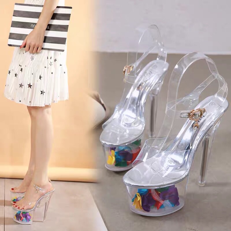 Giày cao gót 18cm quai trong đế hoa trong đầu cá ms C154