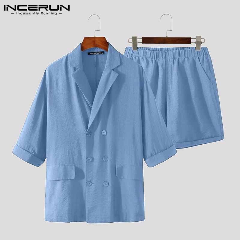 Bộ áo blazer tay lỡ + quần short co giãn INCERUN thời trang Hàn Quốc cho nam