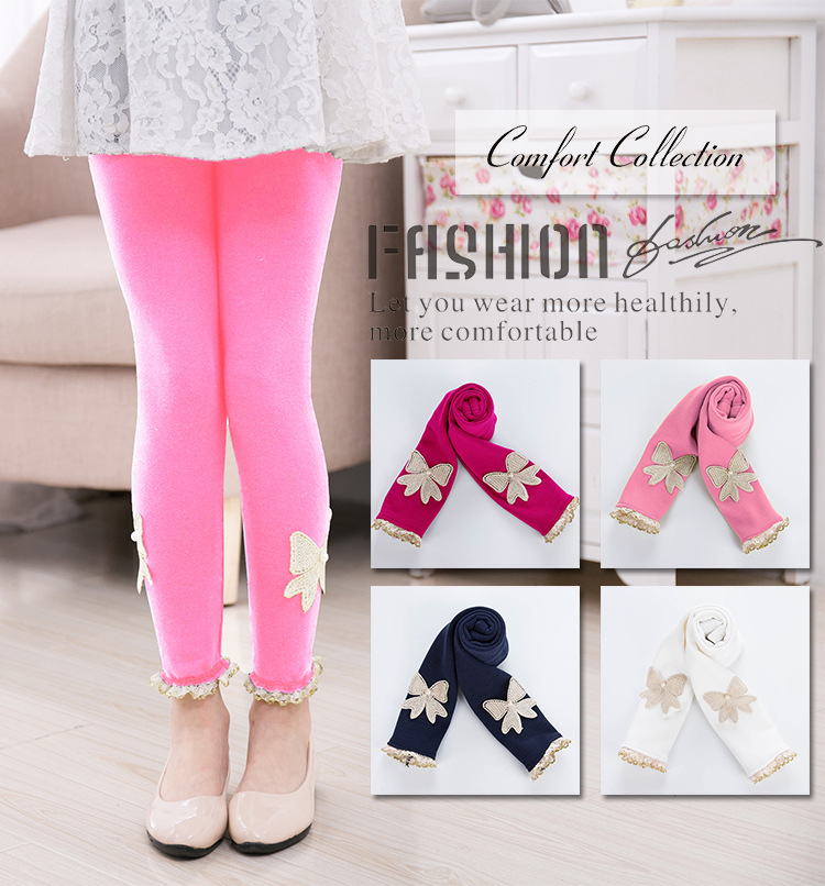 Spot girl's Leggings spring and autumn thin bow casual pants small and medium set candy color lace edge pants