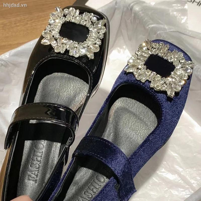 Giày mũi vuông đính đá phong cách retro thời trang mùa đông 2022 dành cho nữ