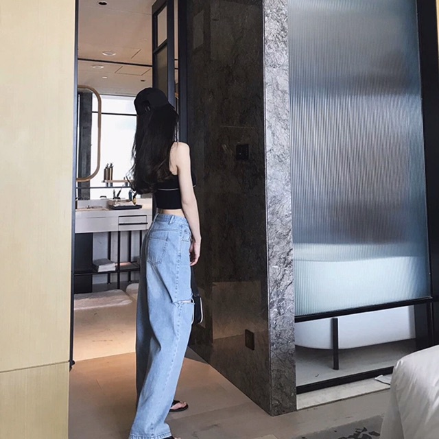 Quần Ống Rộng Rách 1 Sườn, Dài 105cm, Lưng Cao, Không Giãn