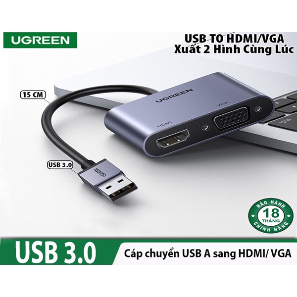 Cáp chuyển đổi USB 3.0 sang HDMI + VGA Ugreen 20518 Chính Hãng CM449