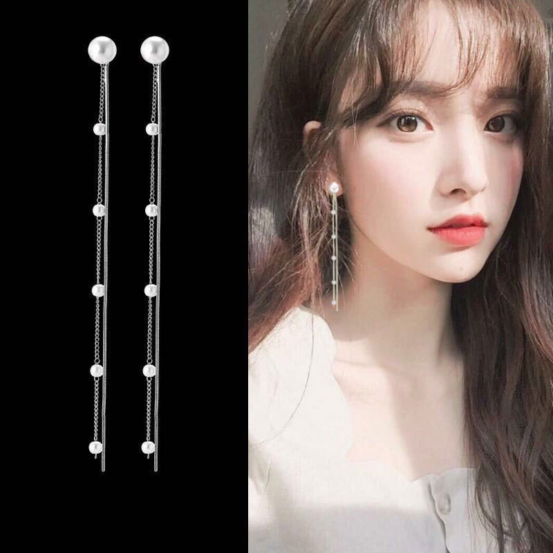 Bông tai hàn quốc bạc nữ cao cấp dây dài đính châu Tiluca YU35