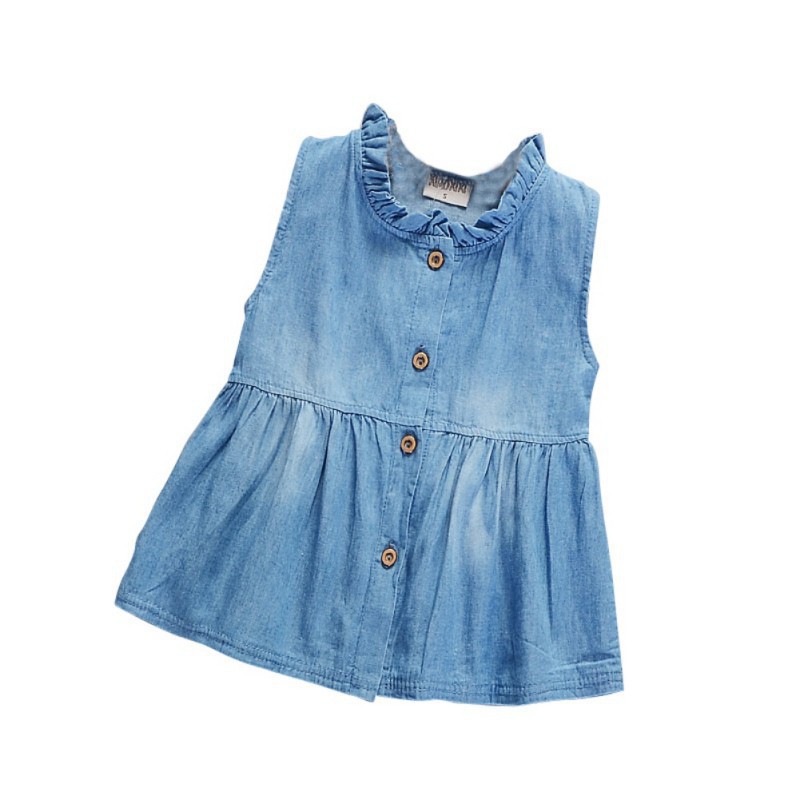 Đầm Denim Cộc Tay Cổ Bèo Đáng Yêu Cho Bé Gái