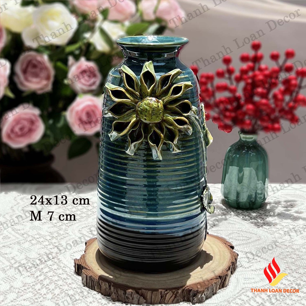 Bình gốm Bát Tràng men hỏa biến đắp nổi hoa hướng dương thủ công trang trí phòng khách đẹp