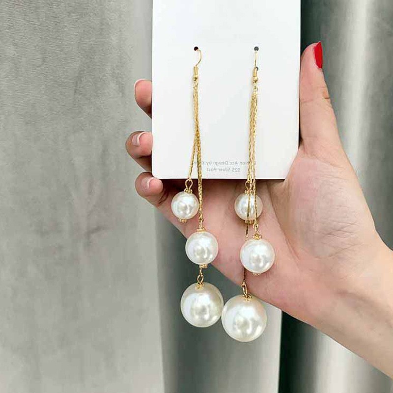 Bông tai tròn dáng dài tua rua thả hạt phong cách thanh lịch