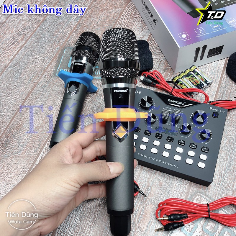 Bộ karaoke zangsong K18 kiêm sound card k18 và 2 mic không dây kèm dây truyền nhạc , dây livestream , dây nguồn