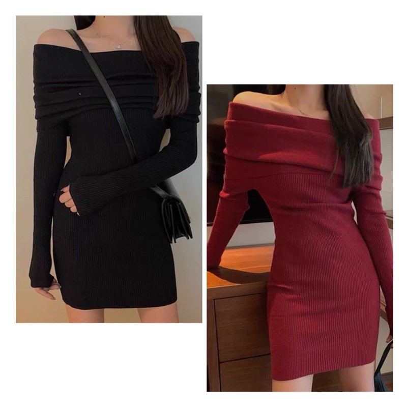 SẴN HÀNG🍓Đầm len quấn trễ vai ôm body sang chảnh quyến rũ|Đầm quấn vai len tăm mịn mặc du lịch Sapa, Đa Lạt vintage