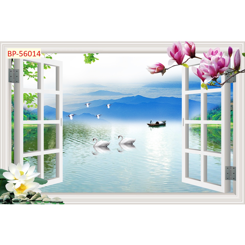 Tranh dán tường 3d cửa sổ thiên nhiên, thác nước, dàn hoa, hồ nước thoáng mát