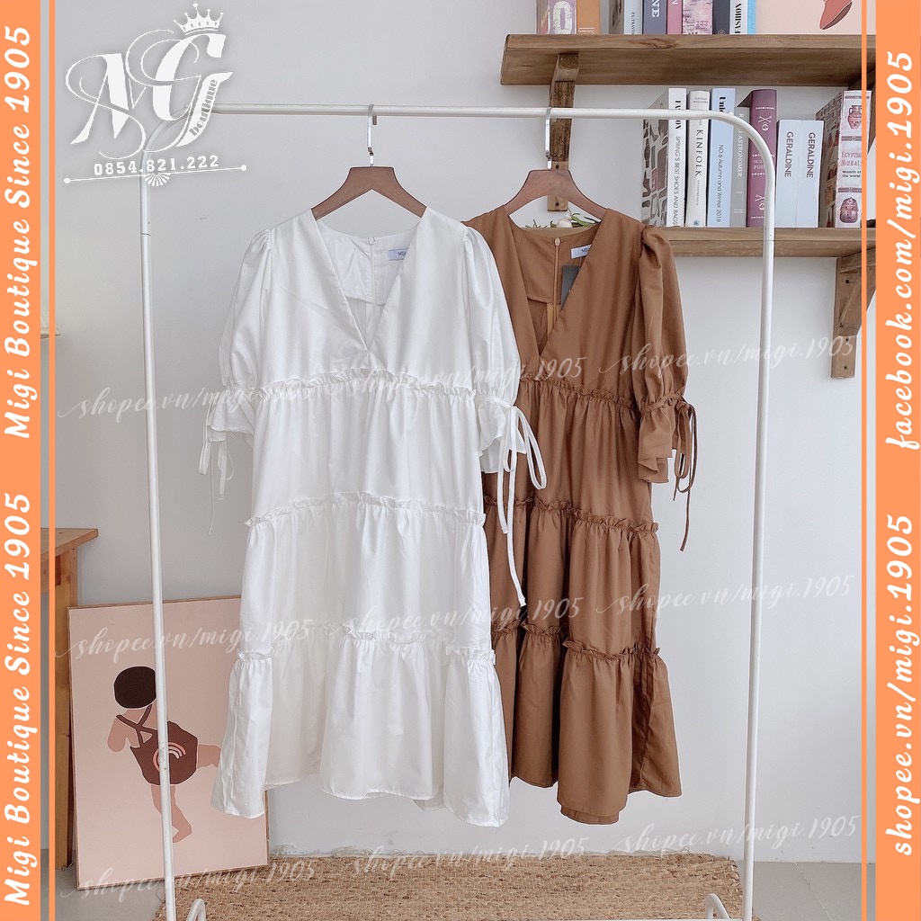 Váy suông babydoll 3 tầng, cổ V,đầm xuông rộng free sz, tay bo phồng buộc nơ [Có ảnh thật cận chất]