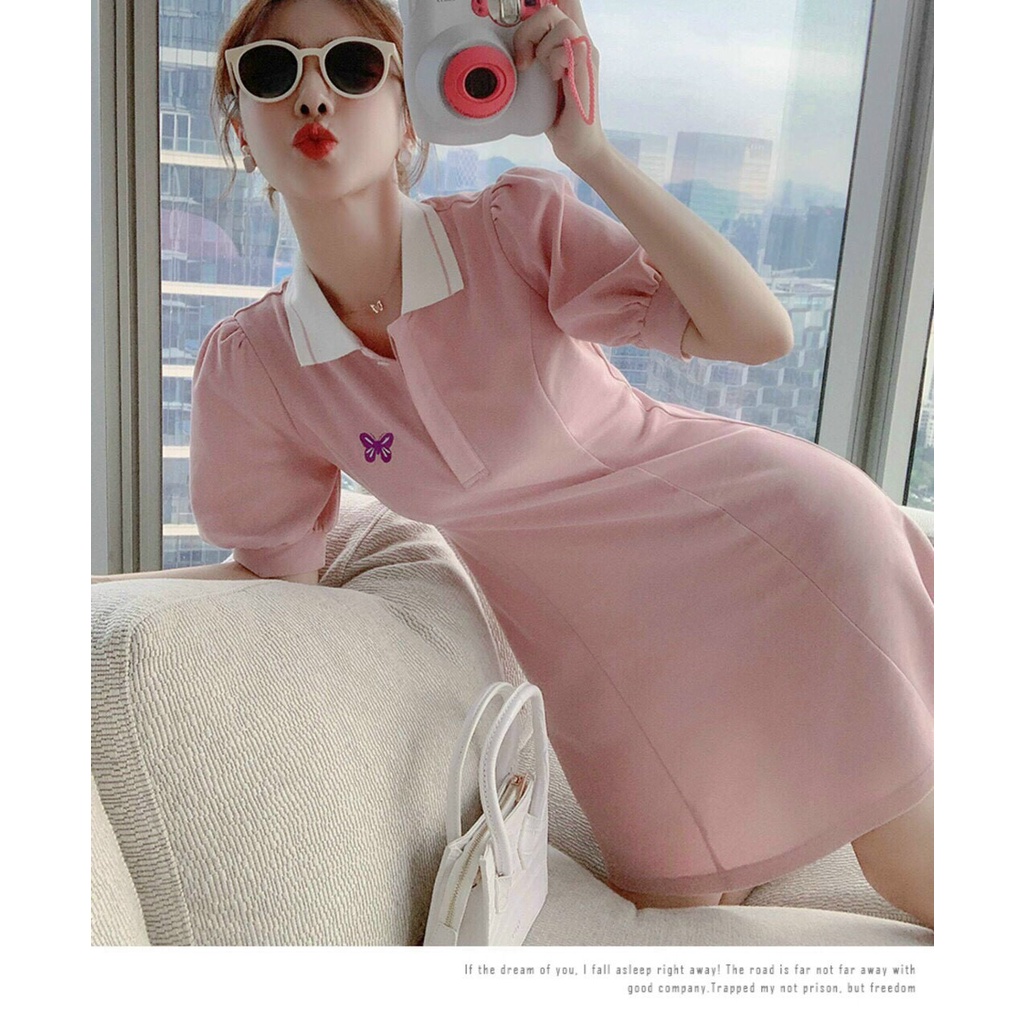 Đầm thun tay búp in hình bướm dáng ngắn xòe, đầm thun polo phối cổ trắng tiểu thư phong cách hàn quốc xinh đẹp