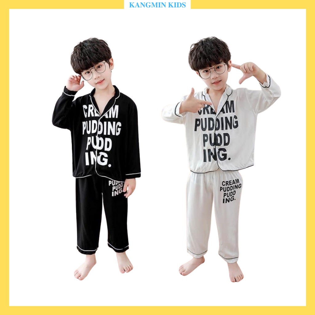 Bộ Pijama lụa cho bé Kangmin kids, Bộ đồ ngủ dài tay cho bé trai bé gái QATECO1, đồ cho bé từ 6-28kg