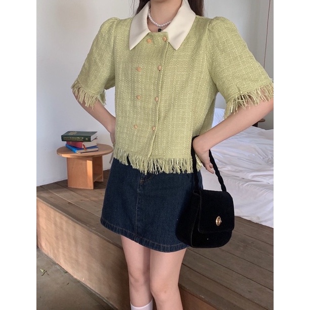 Áo dạ mỏng cổ tròn tua rua