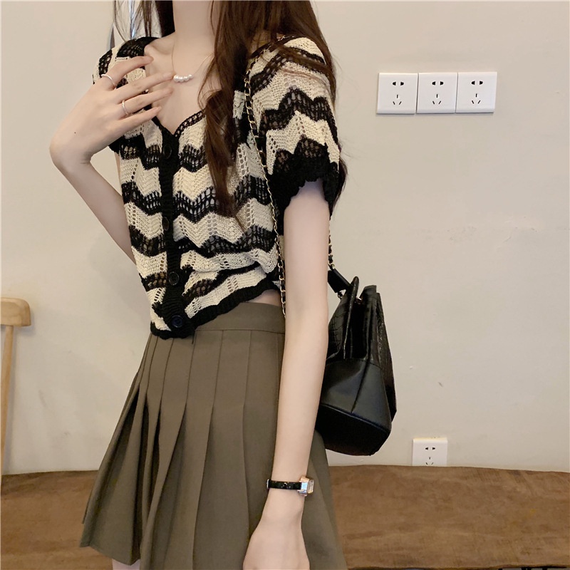 Áo Thun Dệt Kim Dáng Ngắn Họa Tiết Kẻ Sọc Màu Sắc Tương Phản Thời Trang Mùa Hè Cho Nữ