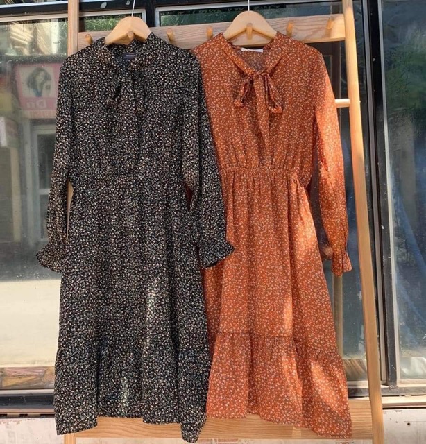 Váy Hoa Nhí Vintage Chun Eo Thắt Nơ Cổ