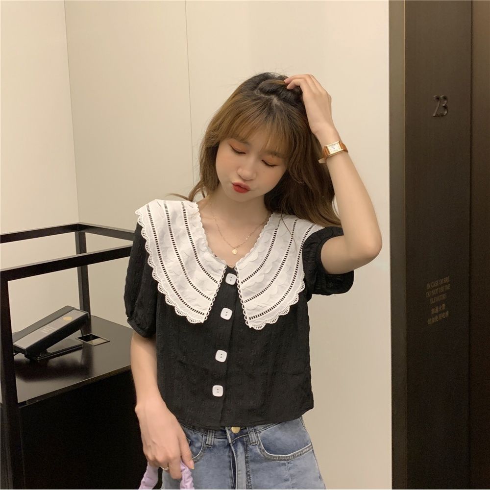 Áo Sơ Mi Ngắn Tay Cổ Búp Bê Phối Ren Phong Cách Retro Pháp Cho Nữ  tao bao