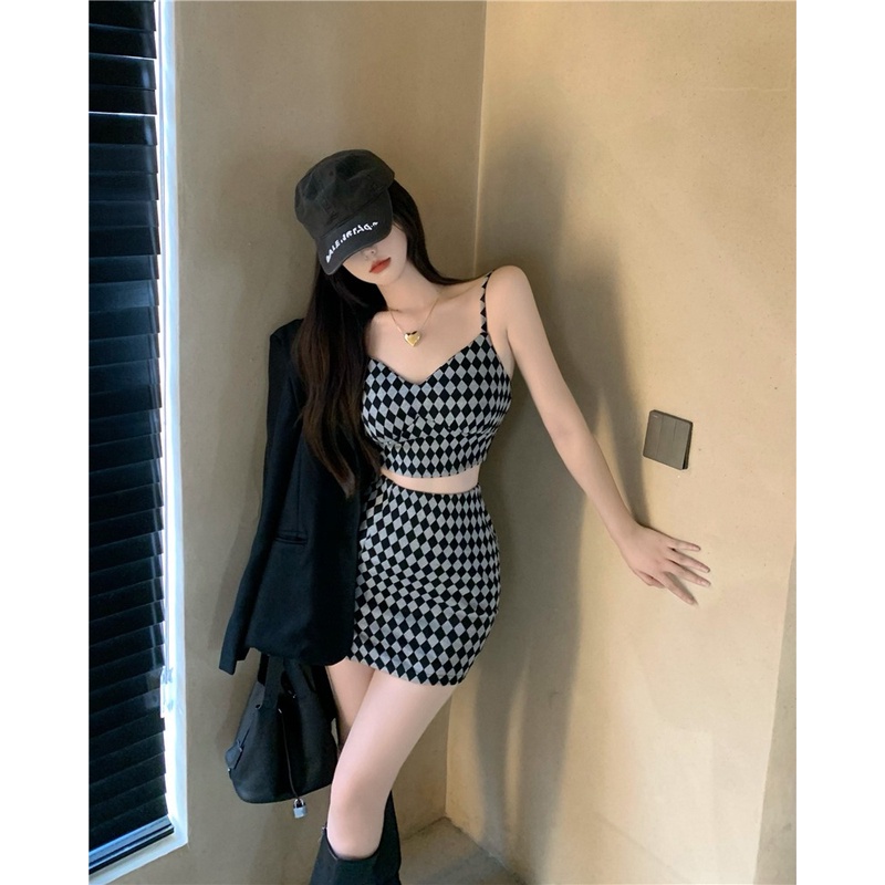 Bộ 2 món ZHELIHANGFEI áo dây dệt kim + chân váy cùng màu kẻ caro