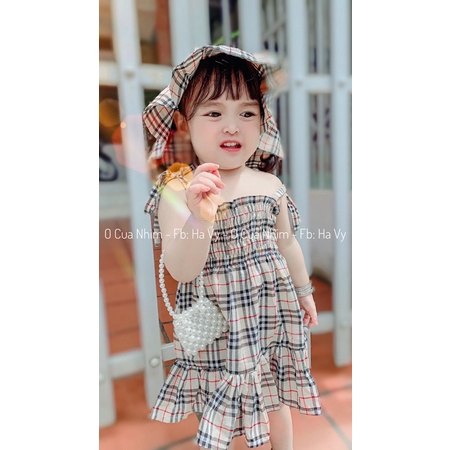 [ Ảnh thật ] Set váy thô kẻ nhún bèo kèm nón siêu xinh cho bé 🥰