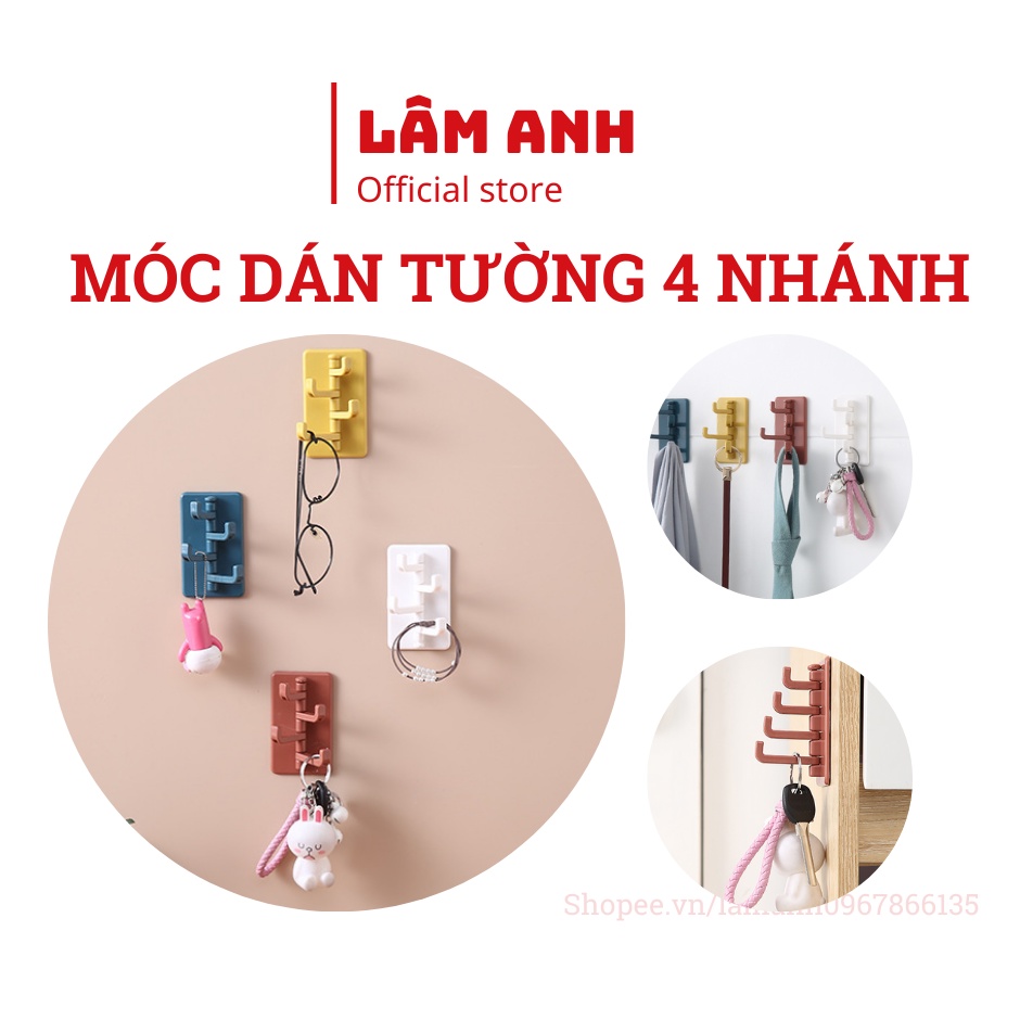 Móc treo đồ dán tường 4 nhánh xoay 180 độ đa năng - Móc dán tường hình cây thông