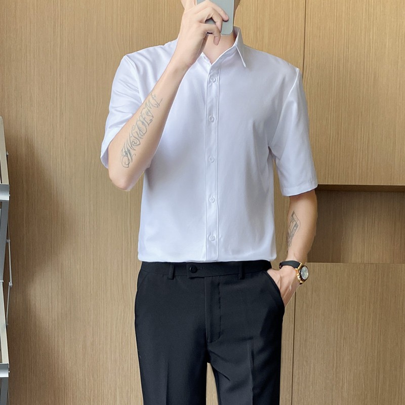 Áo sơ mi ngắn tay nam lụa trắng cao cấp, Áo sơ mi nam tay lỡ form Slim fit Hàn Quốc