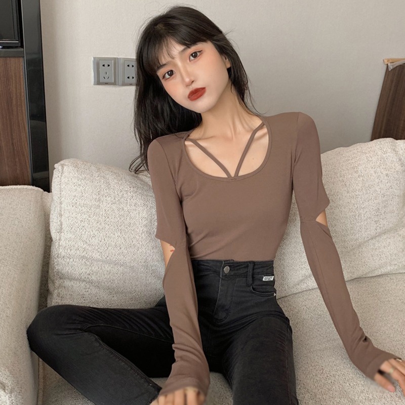 Áo Lửng Tay Dài Cổ Tròn Thời Trang Quyến Rũ Cho Nữ