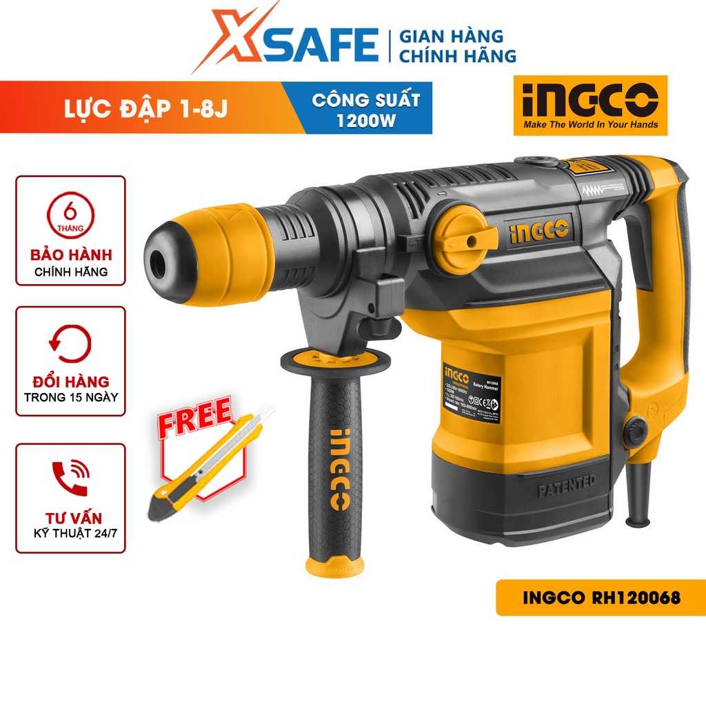 Máy khoan búa dùng pin 3 chức năng 1200W INGCO RH120068 đầu gài sds chế độ chống rung, tốc độ 760rpm, tốc độ đập 4860bpm