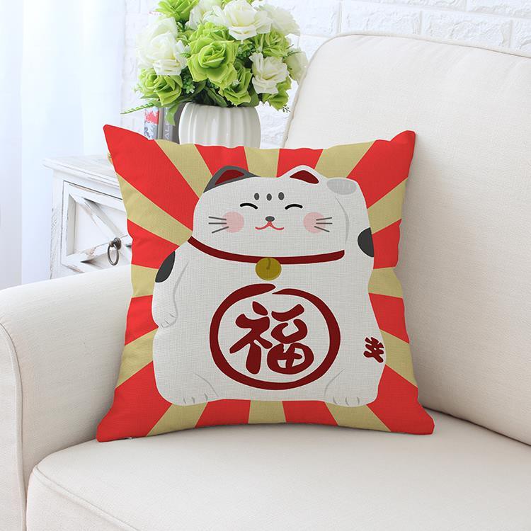 Vỏ Gối Sofa In Hình Mèo May Mắn Phong Cách Nhật Bản