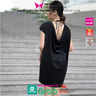 Đầm dự tiệc sang chảnh cổ đổ hở lưng vải nhung đen form rộng dáng suông thời trang thiết kế Thái Châu Mỹ