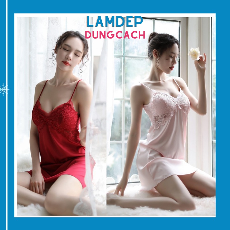 Váy Đầm ngủ lụa ren hai dây có mút ngực sexy Pha Ren LAMDEPDUNGCACH-SDN1161