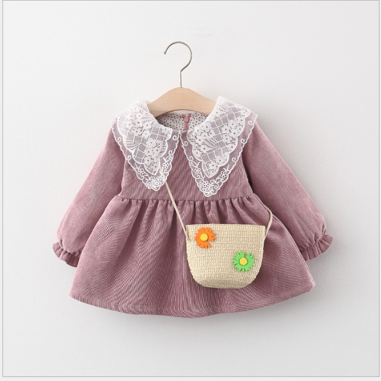Váy thu đông bé gái cổ ren kèm túi đeo điệu đà size 10-16kg