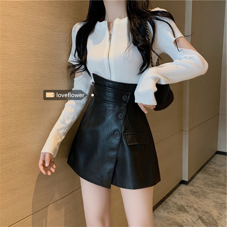 Cchân váy ngắn da PU/ áo dệt kim khóa kéo thời trang