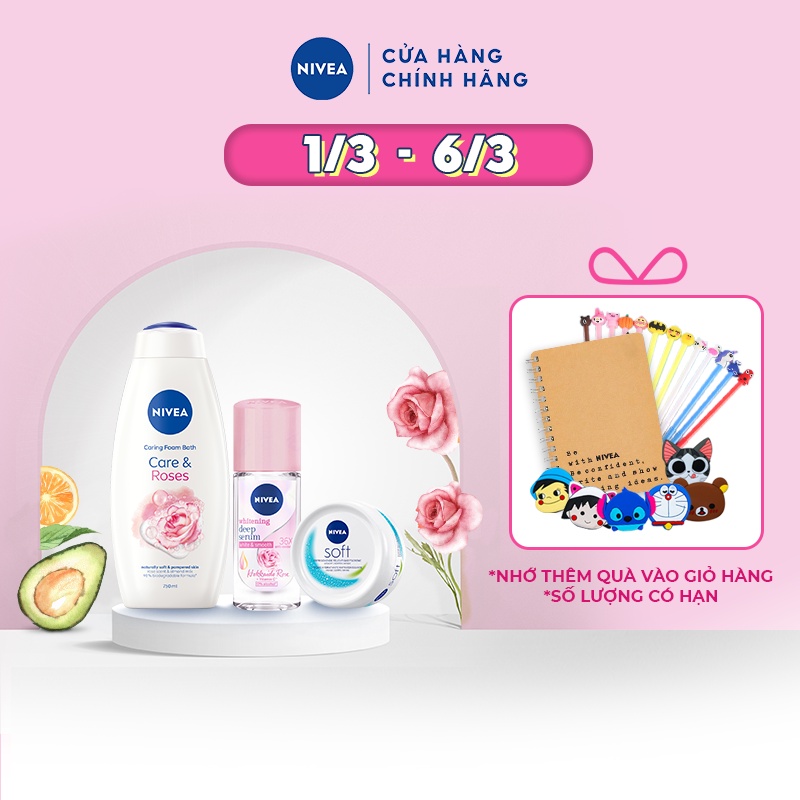 Bộ sữa tắm Rose dưỡng ẩm và ngăn mùi NIVEA: Sữa tắm NIVEA 750ML, Lăn ngăn mùi Hokkaido 40ML &amp; Kem dưỡng ẩm 50ML