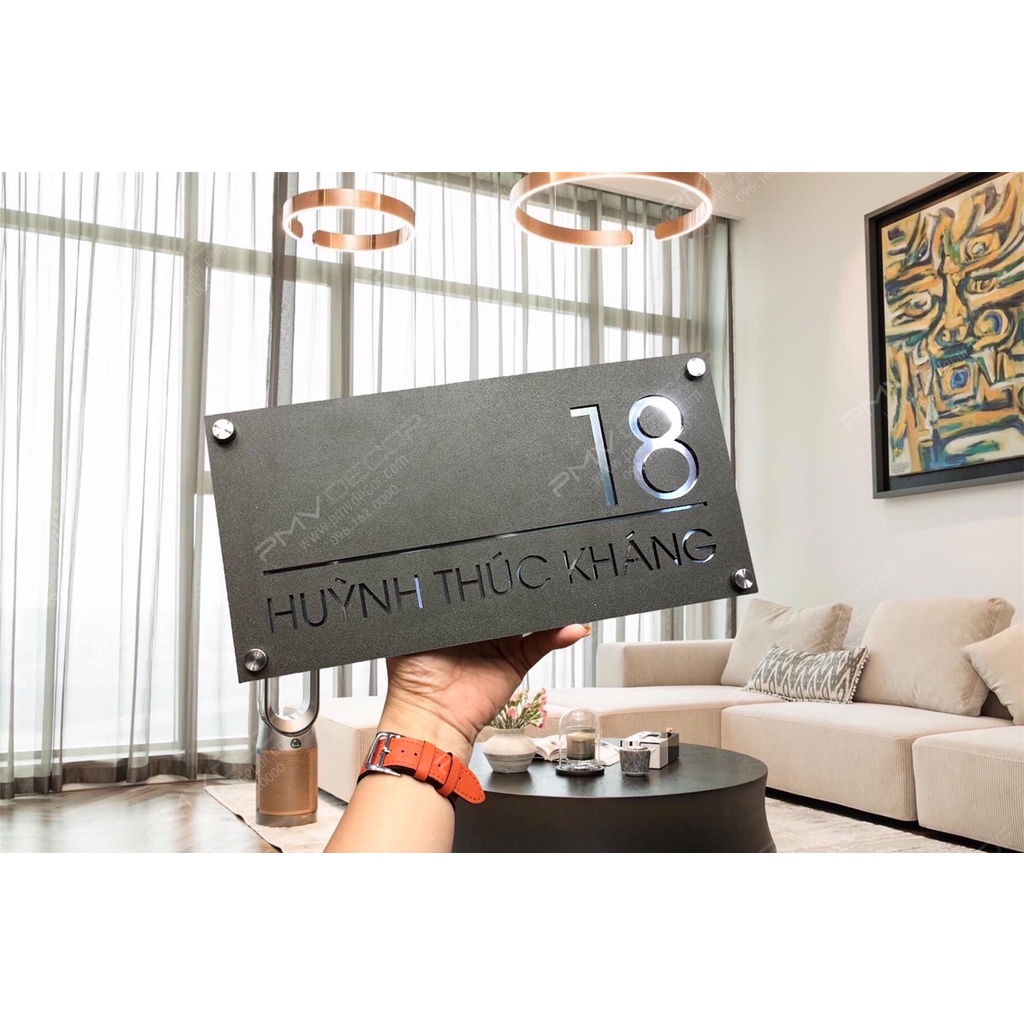 BẢNG, BIỂN SỐ NHÀ. Alcorest gương trắng + mica cán ghi sần, số chìm, ngoài trời, sang trọng tinh tế. BSN-PMV230